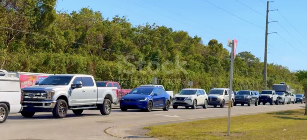 A line of vehicles on a road next to dense greenery and a clear blue sky.