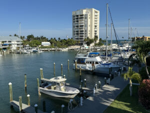 A marina filled with various boats docked peacefully along the water's edge under a clear blue sky.